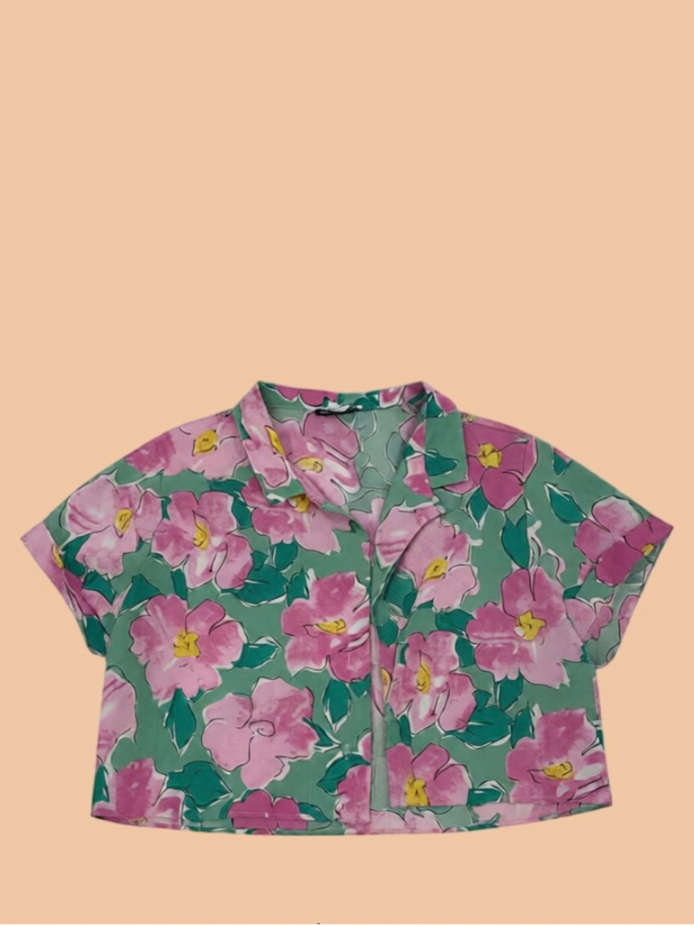 Floral Print Cropped Button-Up Shirt and Shorts - Pink & Green